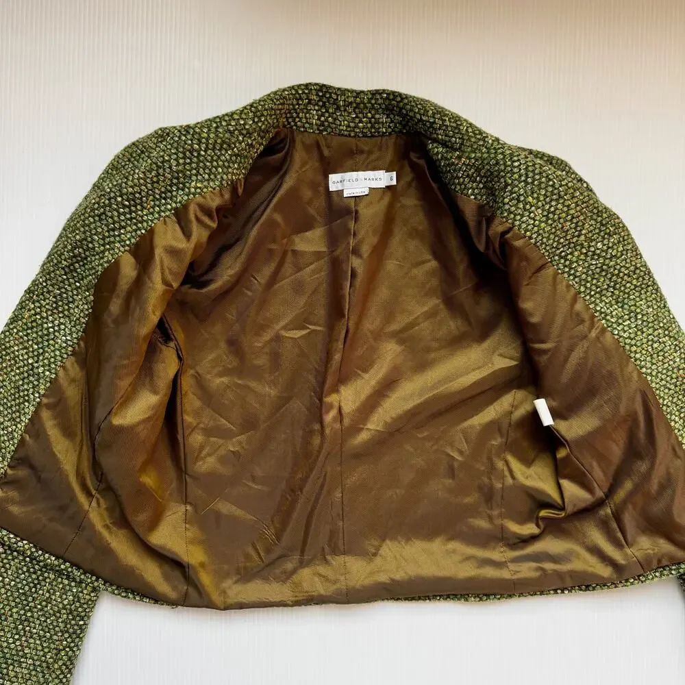 Vtg Tweed Cropped Blazer Green 80s Tailored Jacket Dark Academia Ivy League 6 - Picture 3 of 16